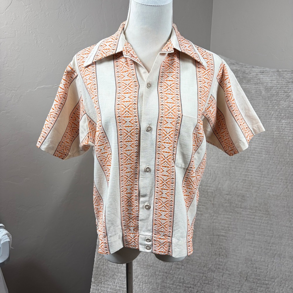 Vintage Career Club Shirt Jac Mens Medium Orange Embroidered Stripe 70s USA